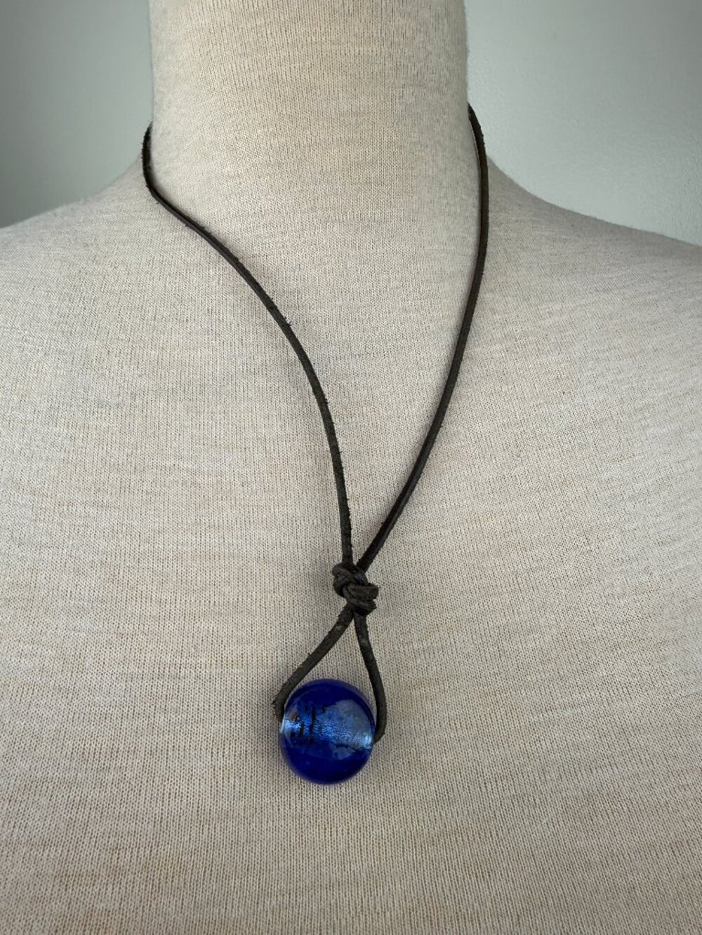 Blue Art Glass Pendant on Brown Leather Cord 23"